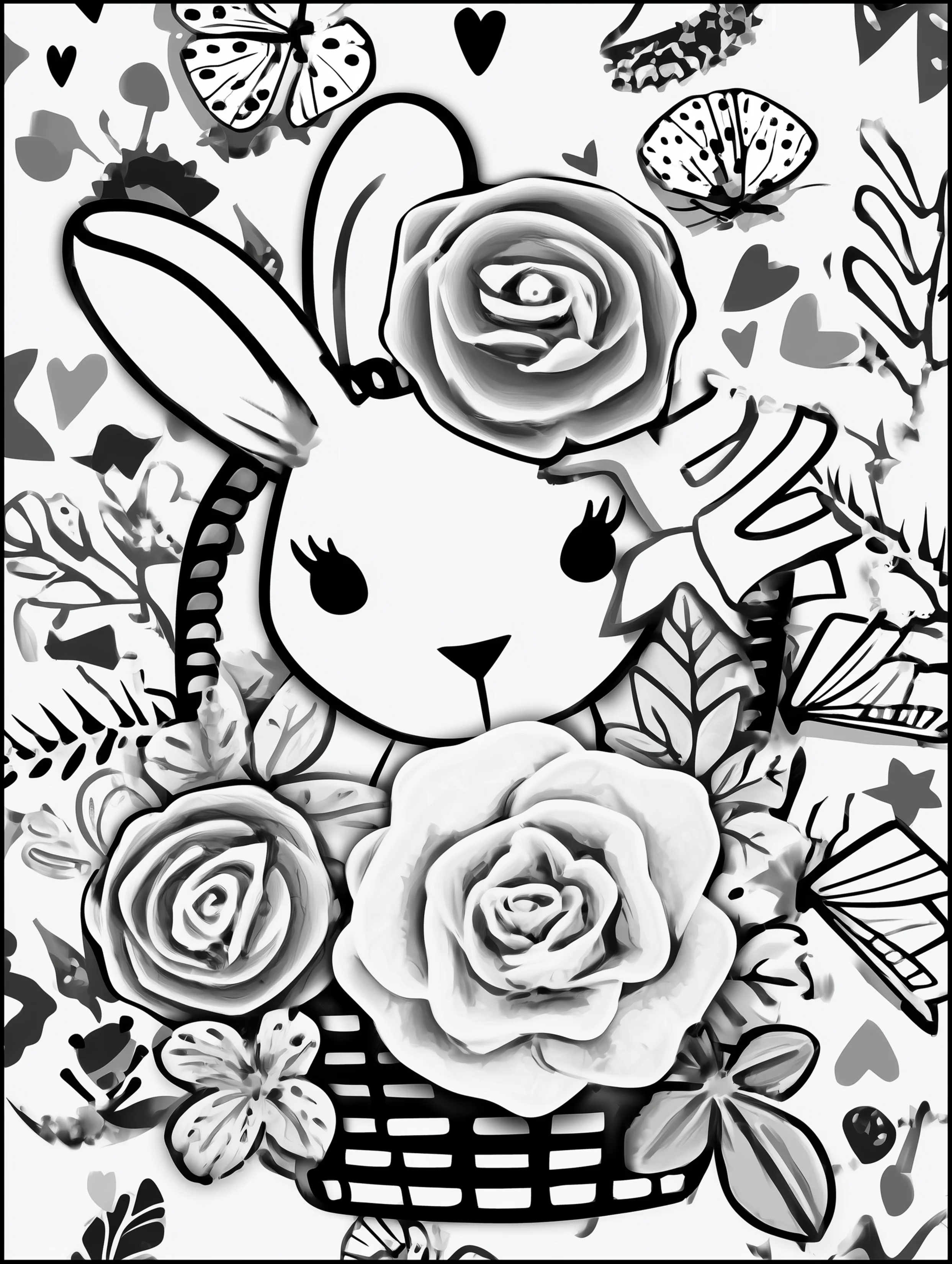 Free printable easter coloring page for adults featuring a bunny in a basket
